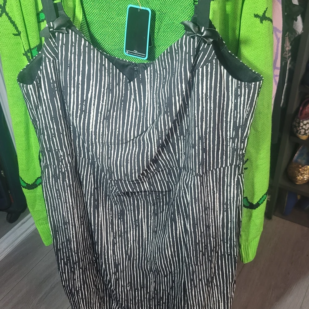 Hell Bunny Black & White Jack Striped Sheath Dress with Belt - Picture 2 of 7